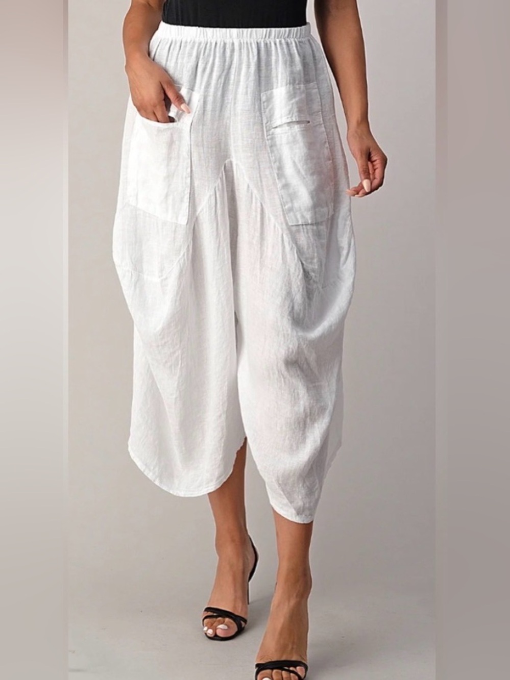 RAW MODA Wide-Leg White Linen Pants with Front Pockets